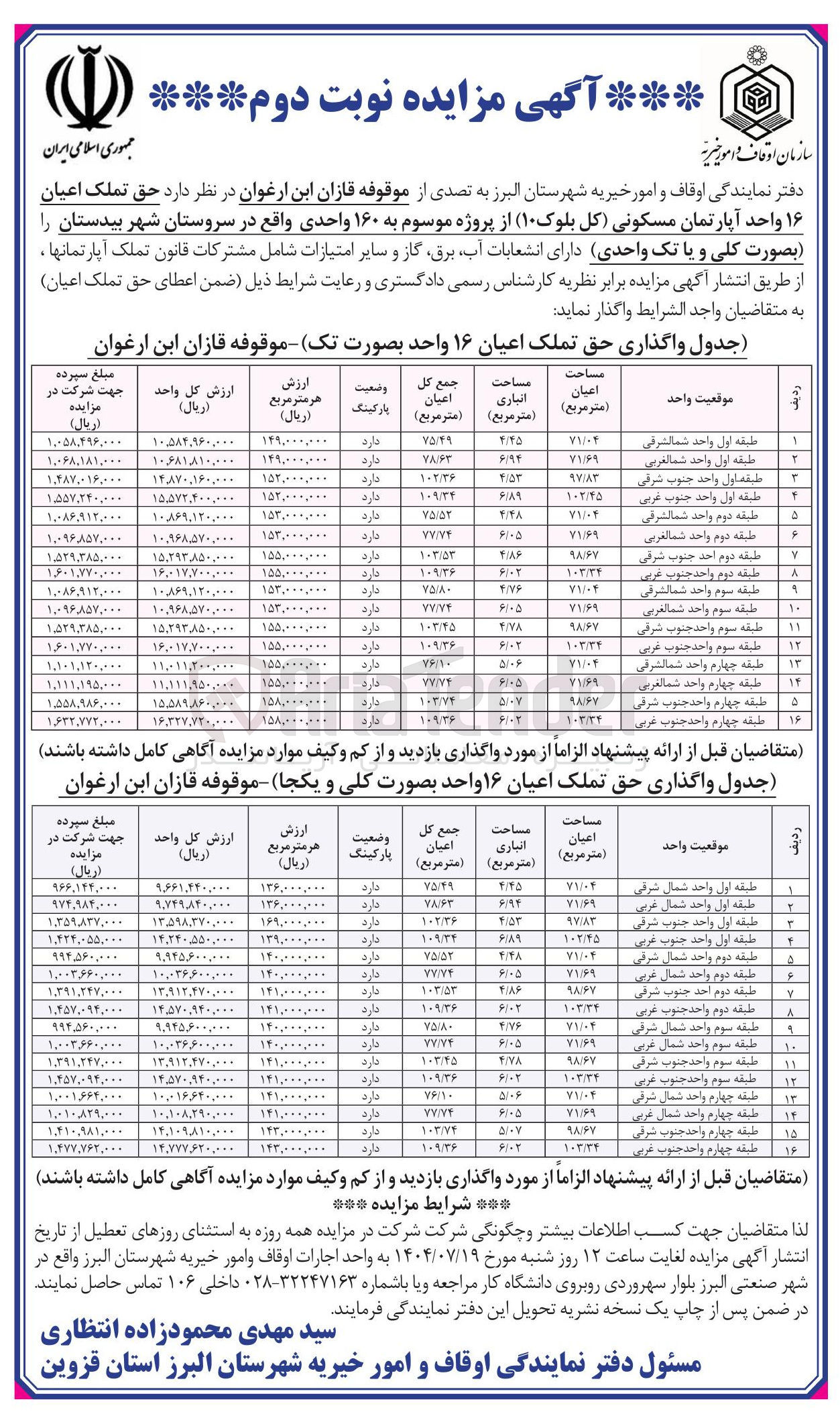 تصویر کوچک آگهی حق تملک اعیان ۱۶ واحد آپارتمان مسکونی (کل بلوک ۱۰ ) از پروژه موسوم به ۱۶۰ واحدی