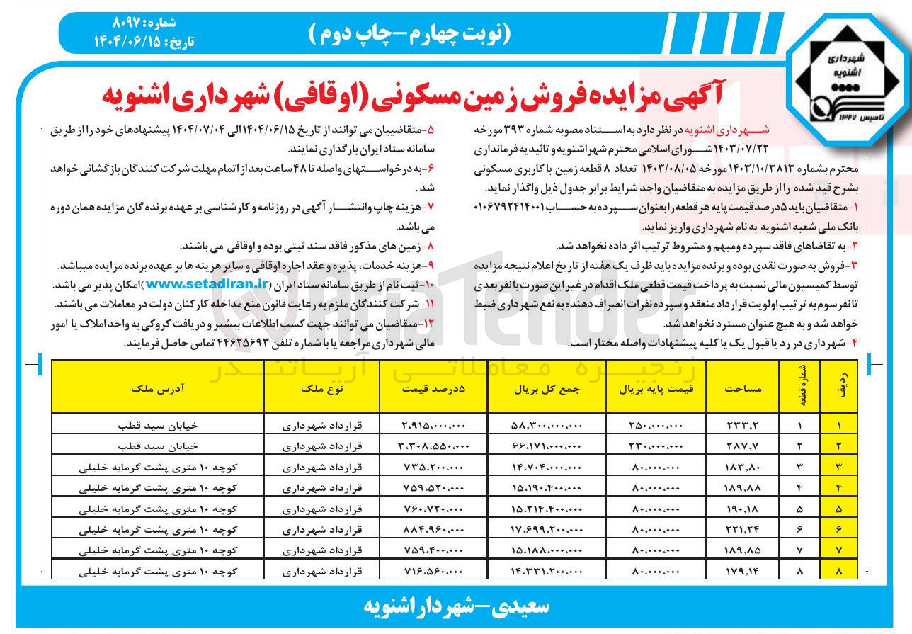 تصویر کوچک آگهی فروش تعداد ۸ قطعه زمین با کاربری مسکونی