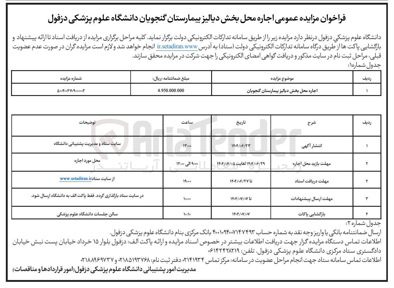 تصویر کوچک آگهی اجاره محل بخش دیالیز 