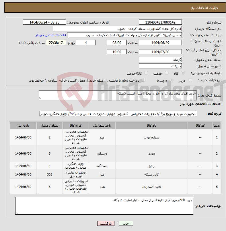 تصویر کوچک آگهی نیاز انتخاب تامین کننده-خرید اقلام مورد نیاز اداره آمار از محل اعتبار امنیت شبکه