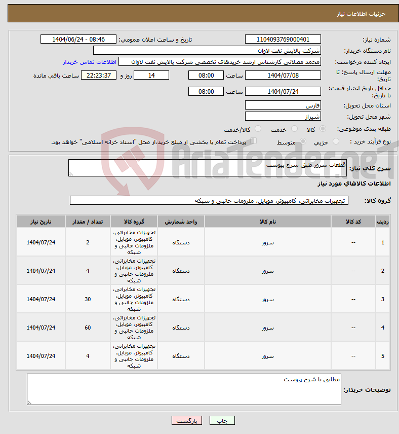 تصویر کوچک آگهی نیاز انتخاب تامین کننده-قطعات سرور طبق شرح پیوست