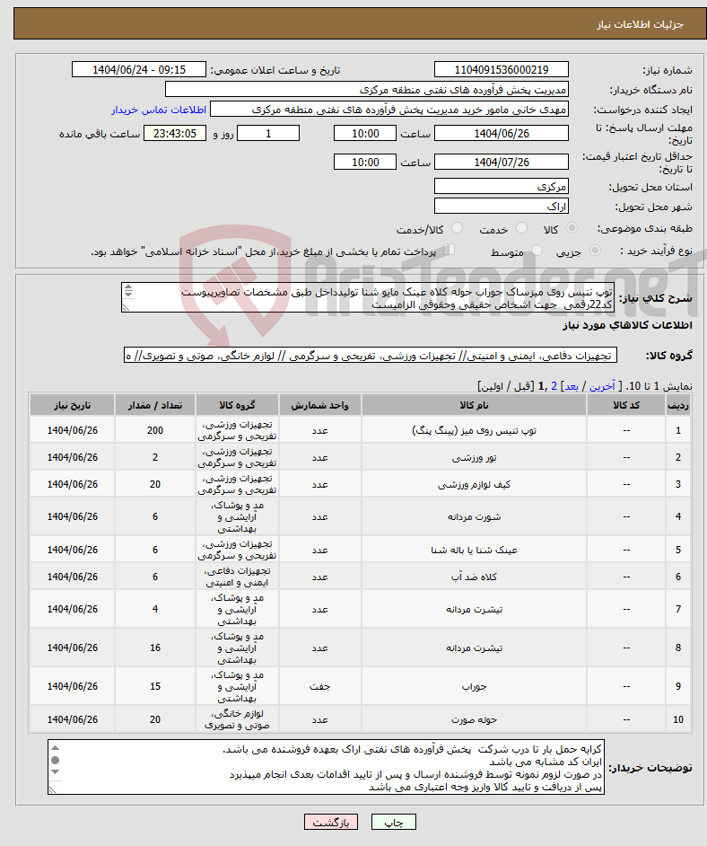 تصویر کوچک آگهی نیاز انتخاب تامین کننده-توپ تنیس روی میزساک جوراب حوله کلاه عینک مایو شنا تولیدداخل طبق مشخصات تصاویرپیوست کد22رقمی جهت اشخاص حقیقی وحقوقی الزامیست مهلت تامین سه روزه