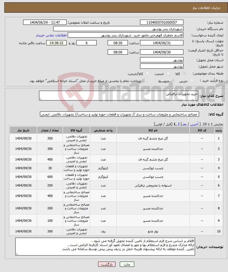 تصویر کوچک آگهی نیاز انتخاب تامین کننده-خرید تجهیزات ترافیکی