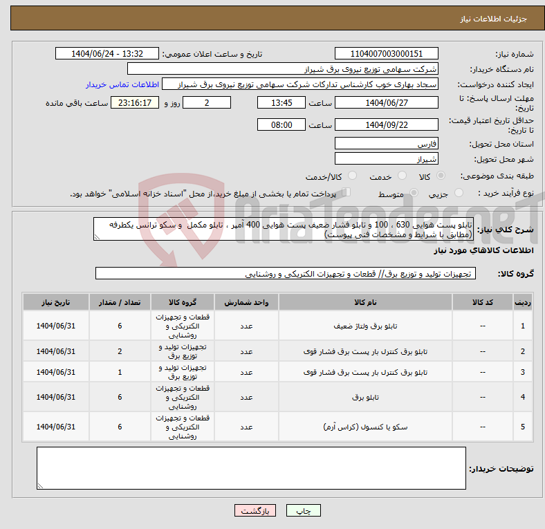 تصویر کوچک آگهی نیاز انتخاب تامین کننده-تابلو پست هوایی 630 ، 100 و تابلو فشار ضعیف پست هوایی 400 آمپر ، تابلو مکمل و سکو ترانس یکطرفه (مطابق با شرایط و مشخصات فنی پیوست)