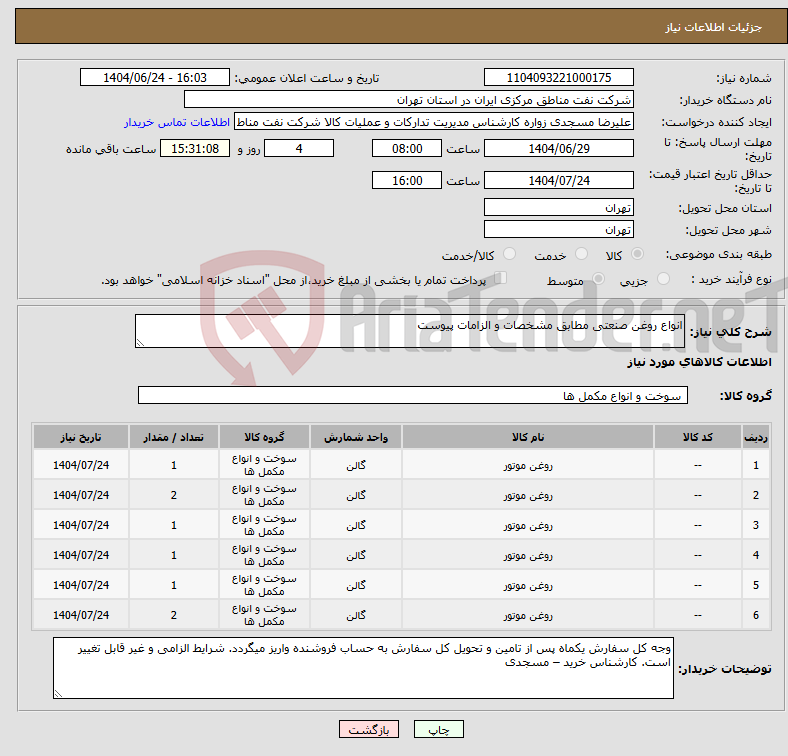 تصویر کوچک آگهی نیاز انتخاب تامین کننده-انواع روغن صنعتی مطابق مشخصات و الزامات پیوست