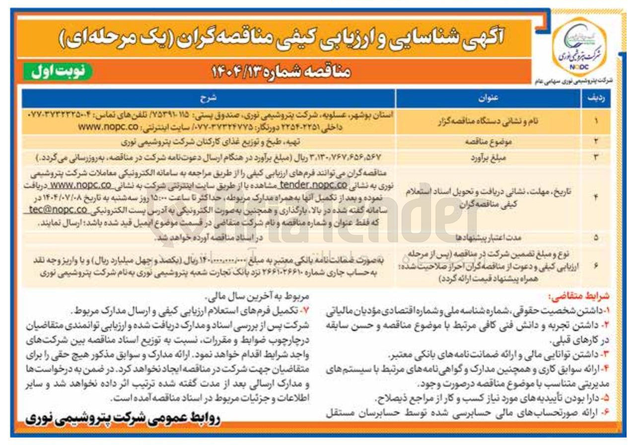 تصویر کوچک آگهی تهیه طبخ و توزیع غذای کارکنان