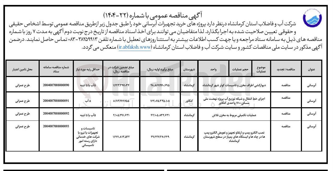 تصویر کوچک آگهی عملیات تکمیلی مربوط به مخزن