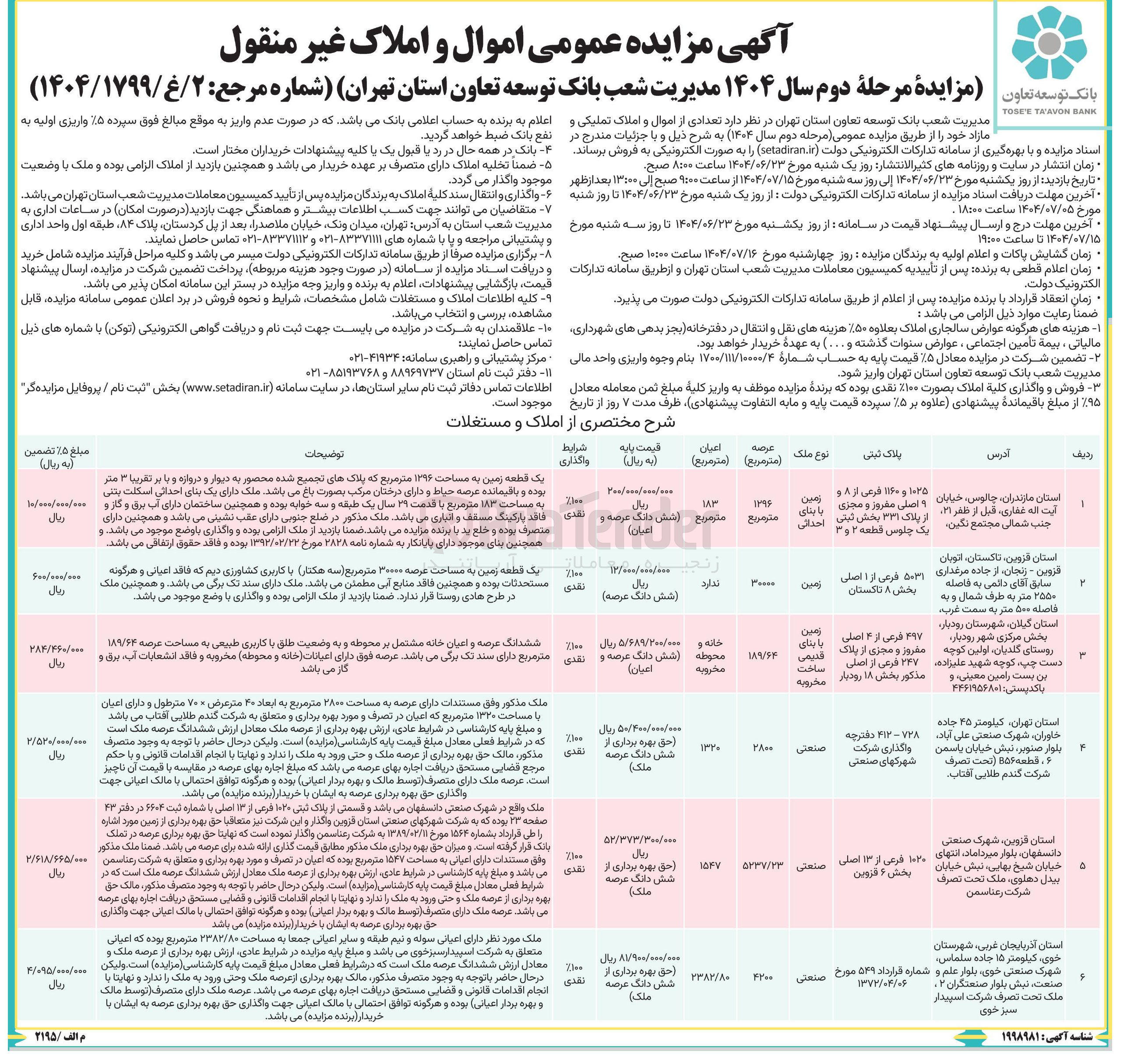 تصویر کوچک آگهی  مزایده عمومی اموال و املاک غیر منقول