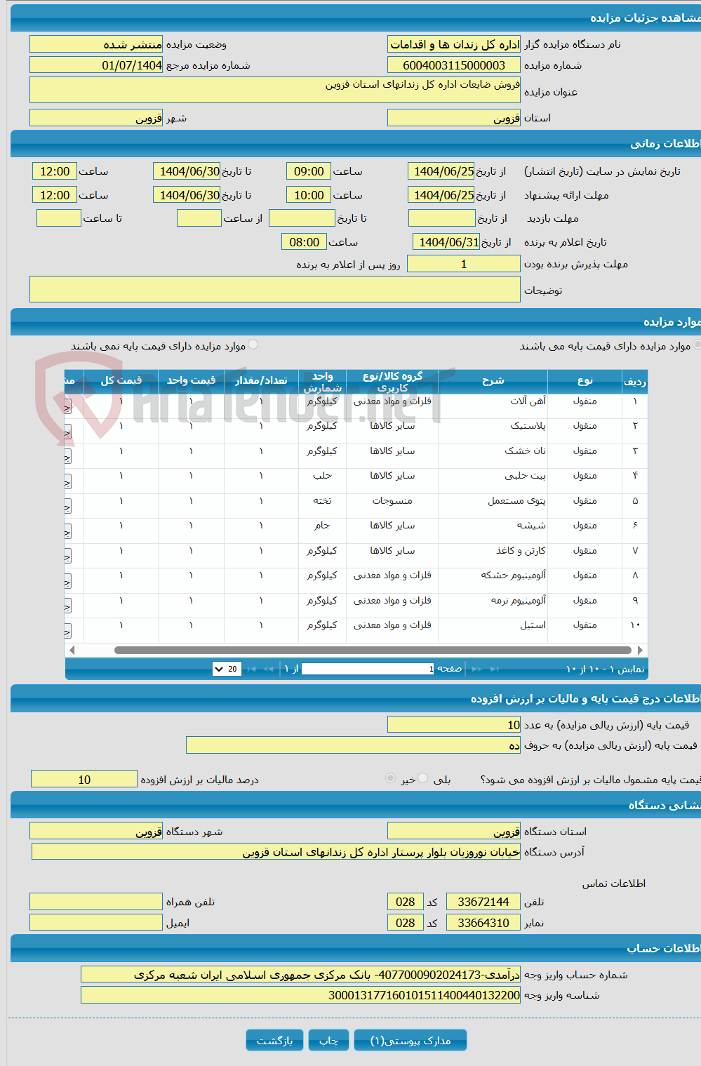 تصویر کوچک آگهی فروش ضایعات اداره کل زندانهای استان قزوین