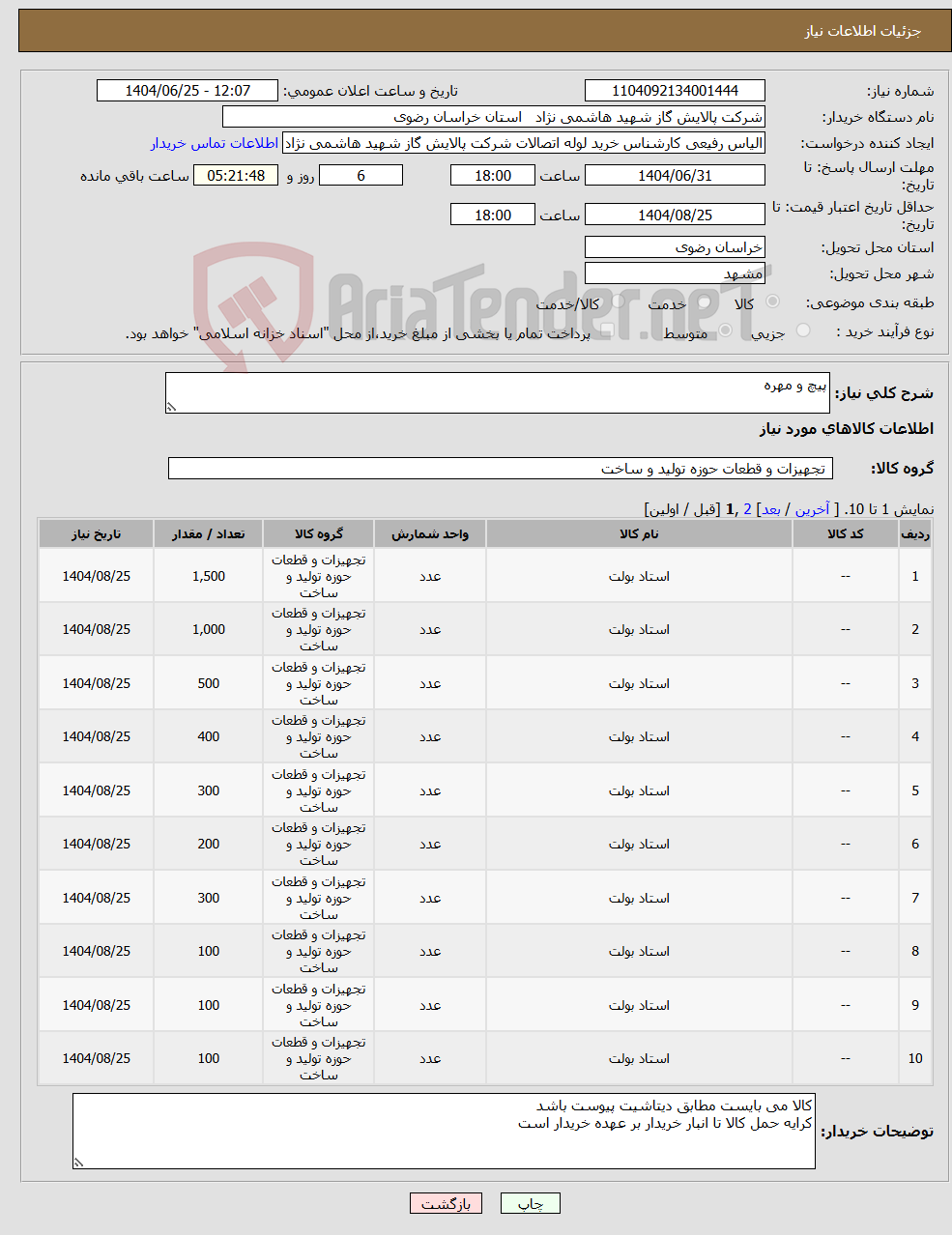 تصویر کوچک آگهی نیاز کالا-پیچ و مهره