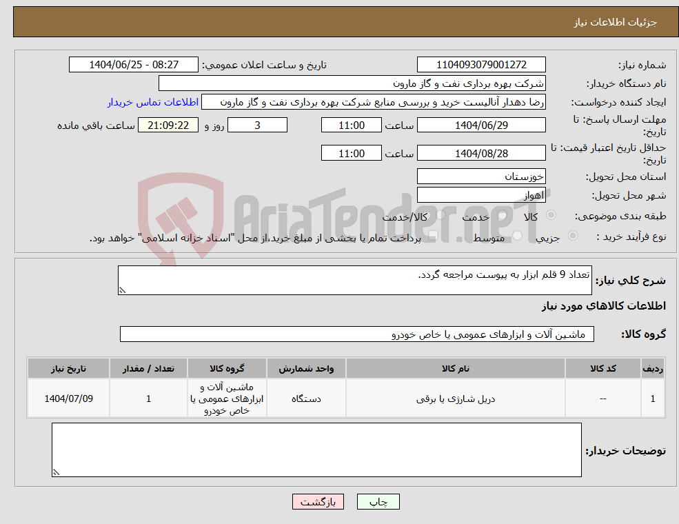 تصویر کوچک آگهی نیاز کالا-تعداد 9 قلم ابزار به پیوست مراجعه گردد.