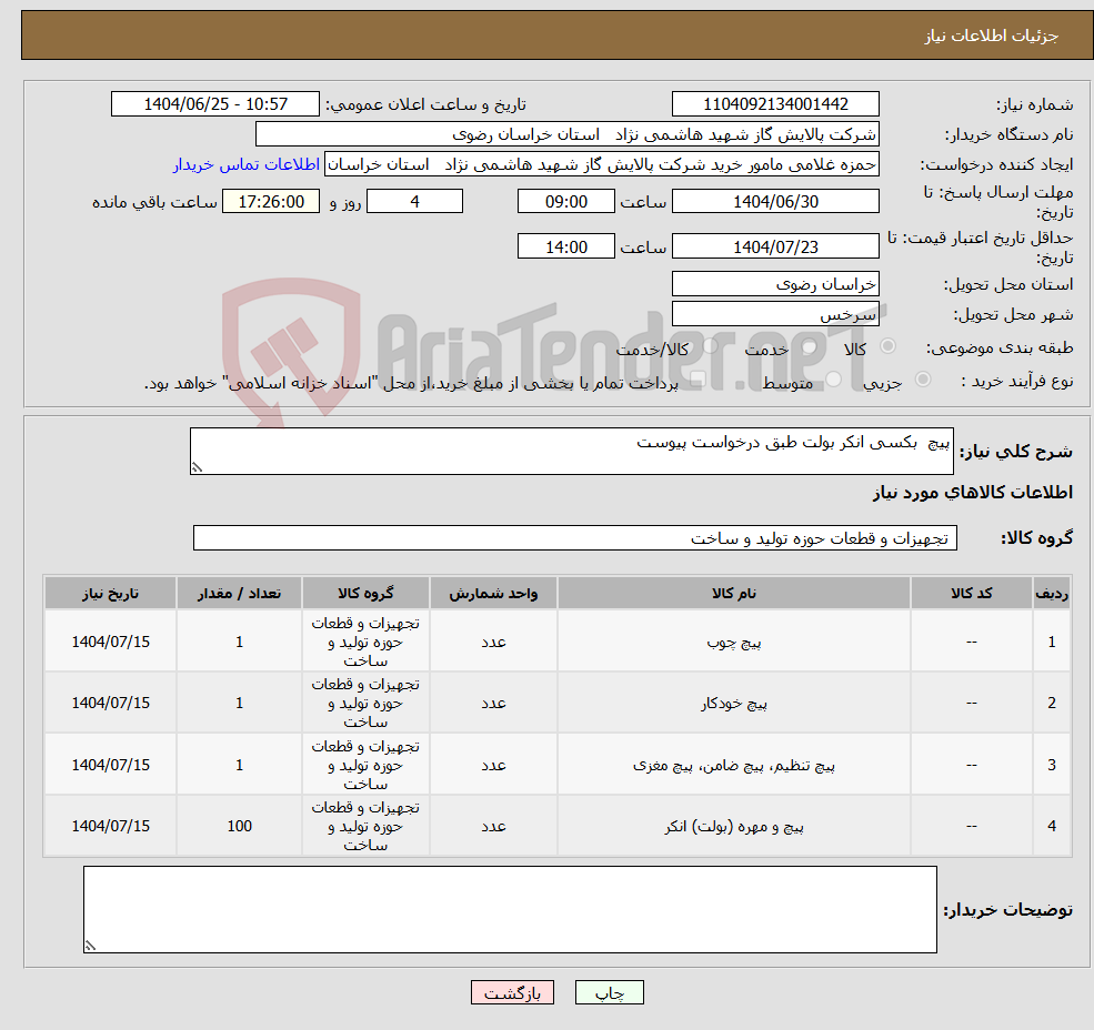 تصویر کوچک آگهی نیاز کالا-پیچ بکسی انکر بولت طبق درخواست پیوست