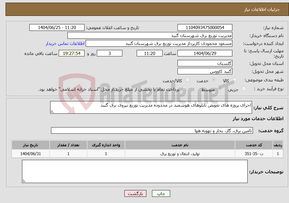 نیاز خدمات-اجرای پروژه های تعویض تابلوهای هوشمند در محدوده مدیریت توزیع نیروی برق گنبد
