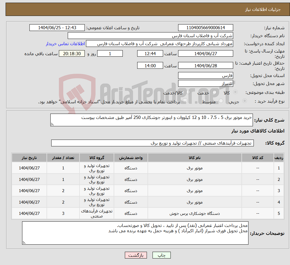 تصویر کوچک آگهی نیاز کالا-خرید موتور برق 5 ، 7.5 ، 10 و 12 کیلووات و اینورتر جوشکاری 250 آمپر طبق مشخصات پیوست