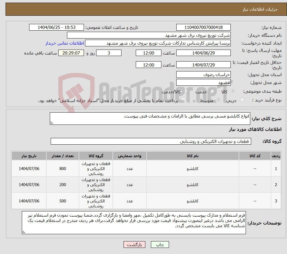 تصویر کوچک آگهی نیاز کالا-انواع کابلشو مسی پرسی مطابق با الزامات و مشخصات فنی پیوست. 