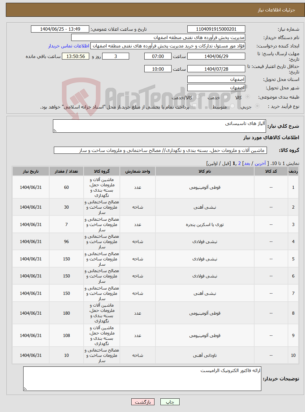 تصویر کوچک آگهی نیاز کالا-آلیاژ های تاسیساتی