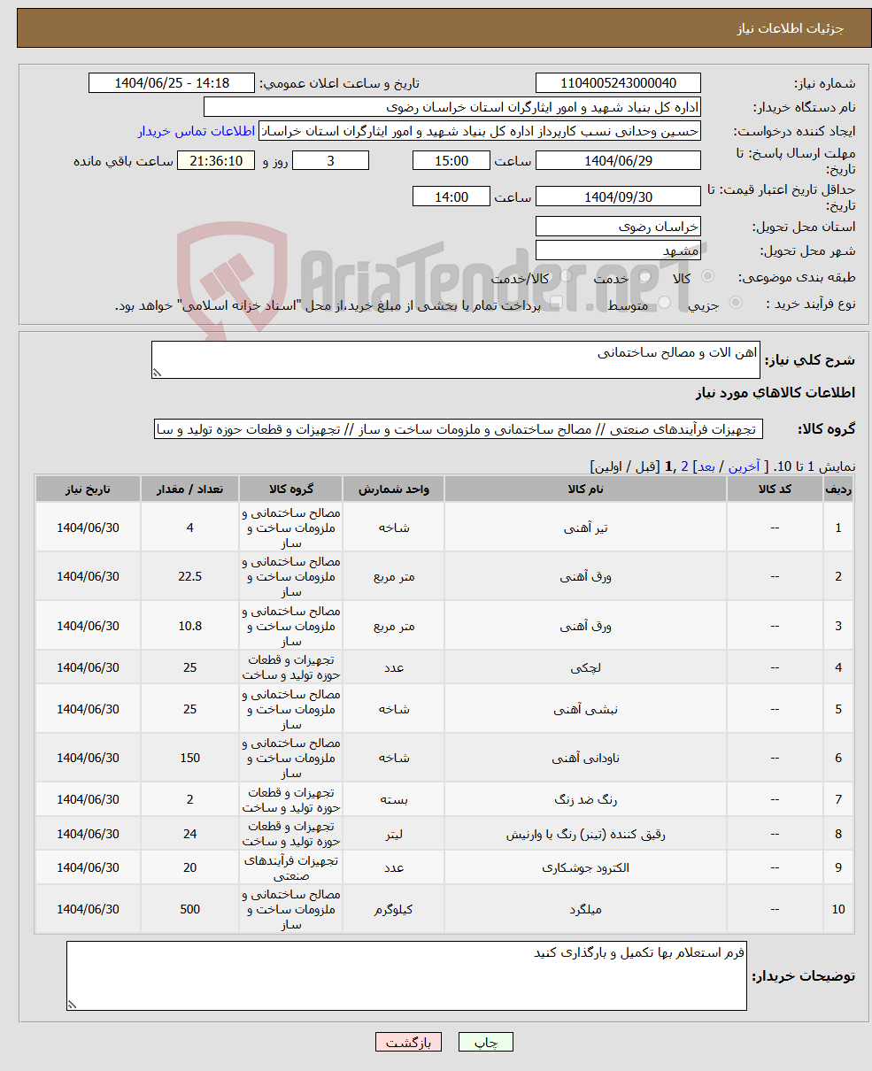تصویر کوچک آگهی نیاز کالا-اهن الات و مصالح ساختمانی