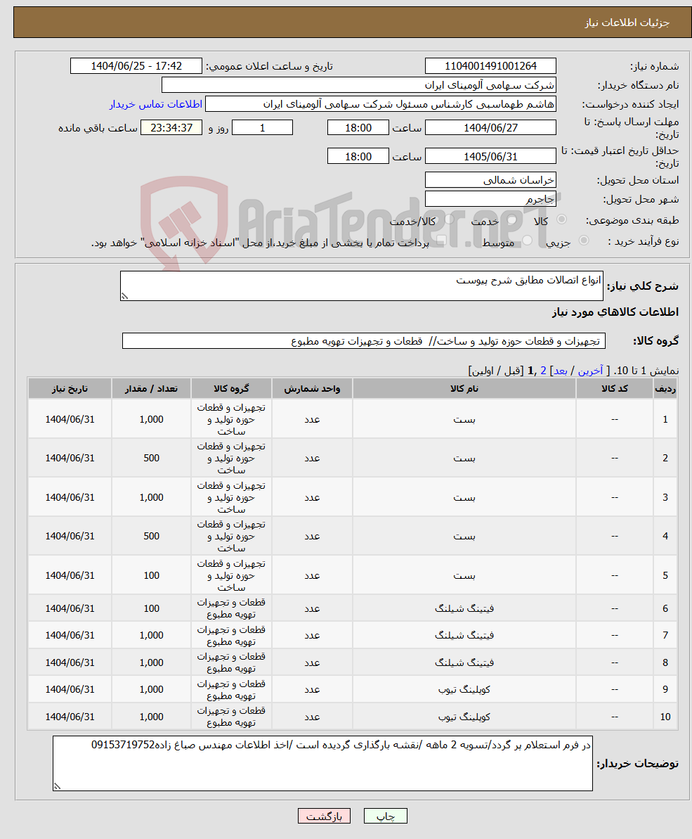 تصویر کوچک آگهی نیاز کالا-انواع اتصالات مطابق شرح پیوست 