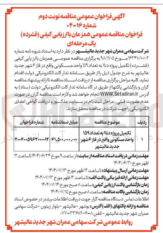 تصویر کوچک آگهی کمیل پروژه  به تعداد ۱۵۹ واحد مسکونی