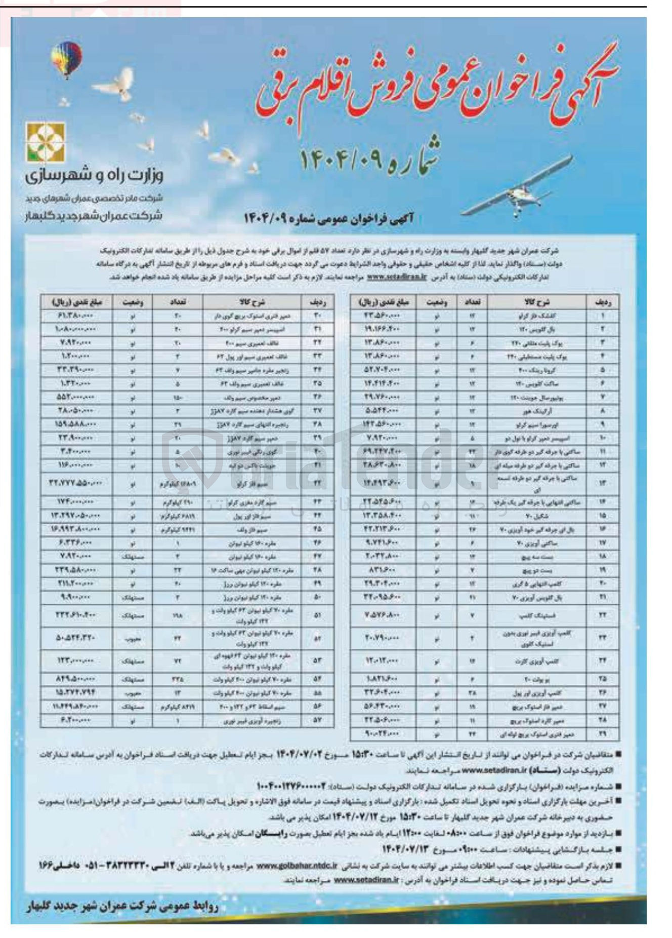 تصویر کوچک آگهی فروش تعداد 57 قلم از اموال برقی 