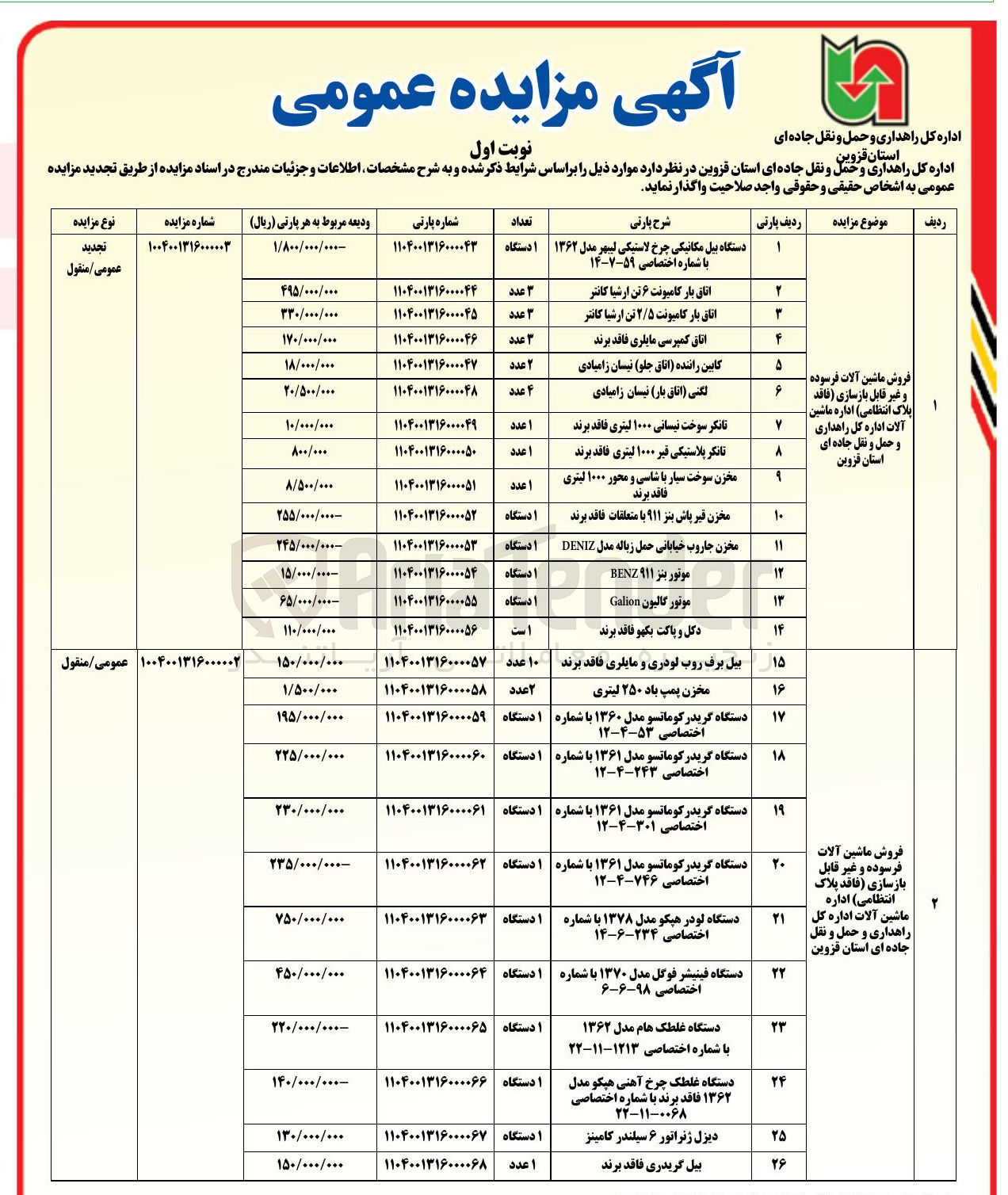 تصویر کوچک آگهی فروش ماشین آلات فرسوده و غیر قابل بازسازی ( فاقد پلاک انتظامی )