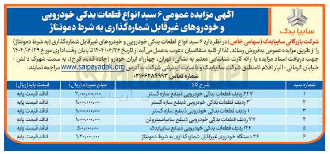 تصویر کوچک آگهی فروش ۶ سبد انواع قطعات یدکی خودرویی و خودروهای غیر قابل شماره گذاری به شرط دمونتاژ