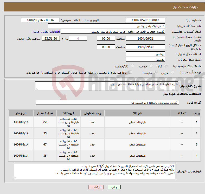 تصویر کوچک آگهی نیاز کالا-خرید تابلو های معابر میادین و پارک های سطح شهر 