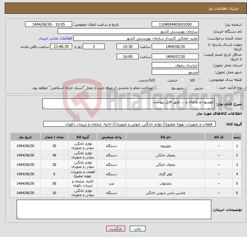 تصویر کوچک آگهی نیاز کالا-تلویزیون و یخچال و ... طبق فایل پیوست