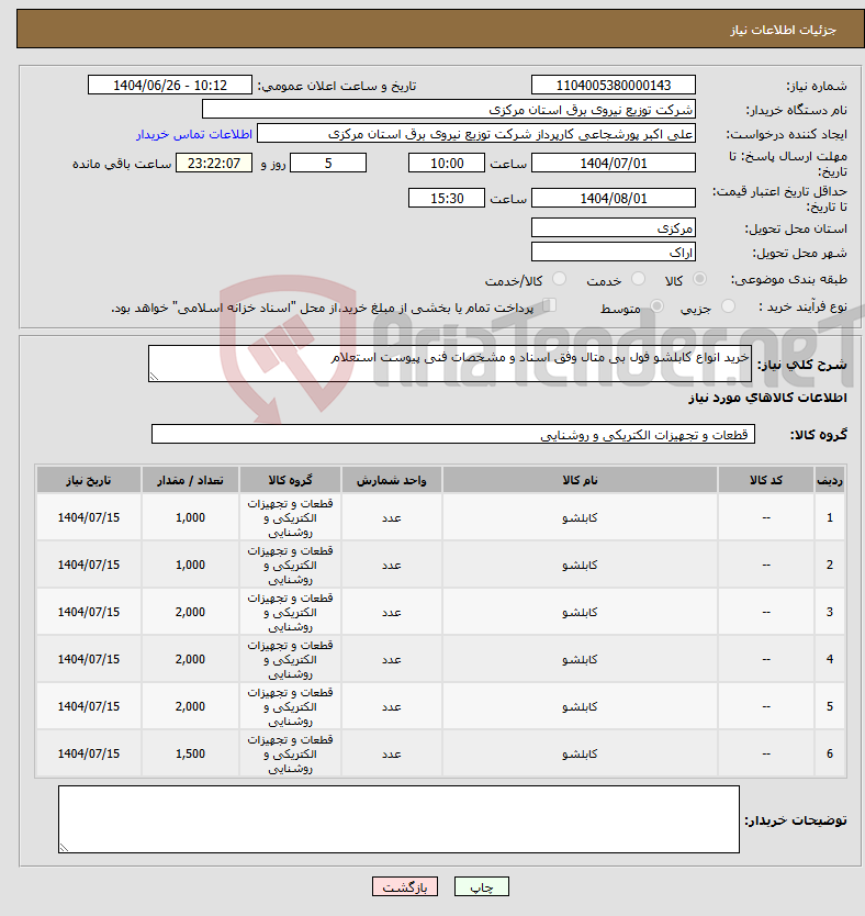 تصویر کوچک آگهی نیاز کالا-خرید انواع کابلشو فول بی متال وفق اسناد و مشخصات فنی پیوست استعلام 
