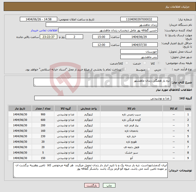 تصویر کوچک آگهی نیاز کالا-تره بار هفتگی زندان ماهشهر