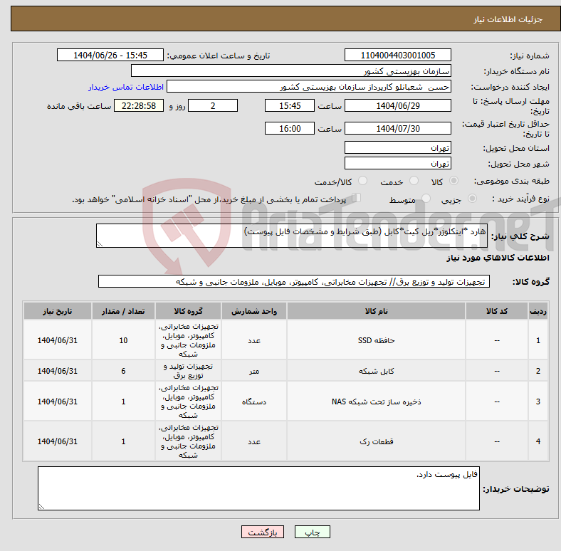 تصویر کوچک آگهی نیاز کالا-هارد *اینکلوژر*ریل کیت*کابل (طبق شرایط و مشخصات فایل پیوست)