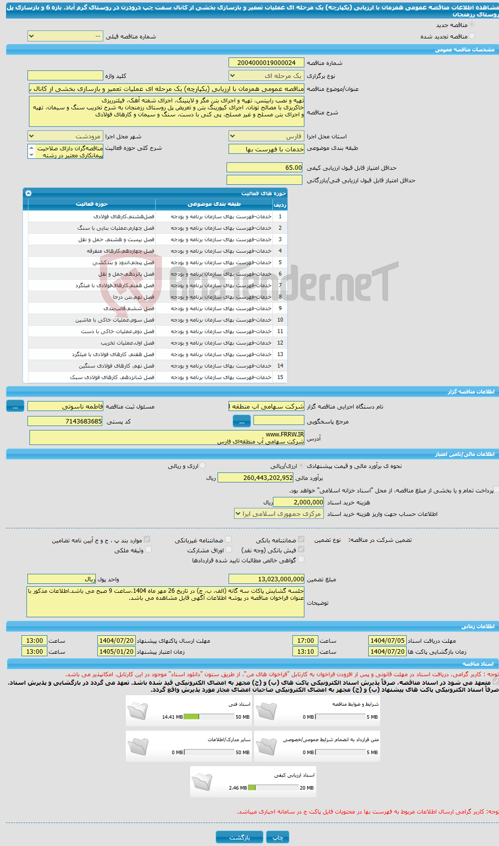 تصویر کوچک آگهی مناقصه عمومی همزمان با ارزیابی (یکپارچه) یک مرحله ای عملیات تعمیر و بازسازی بخشی از کانال سمت چپ درودزن در روستای گرم آباد، بازه 6 و بازسازی پل روستای رزمنجان