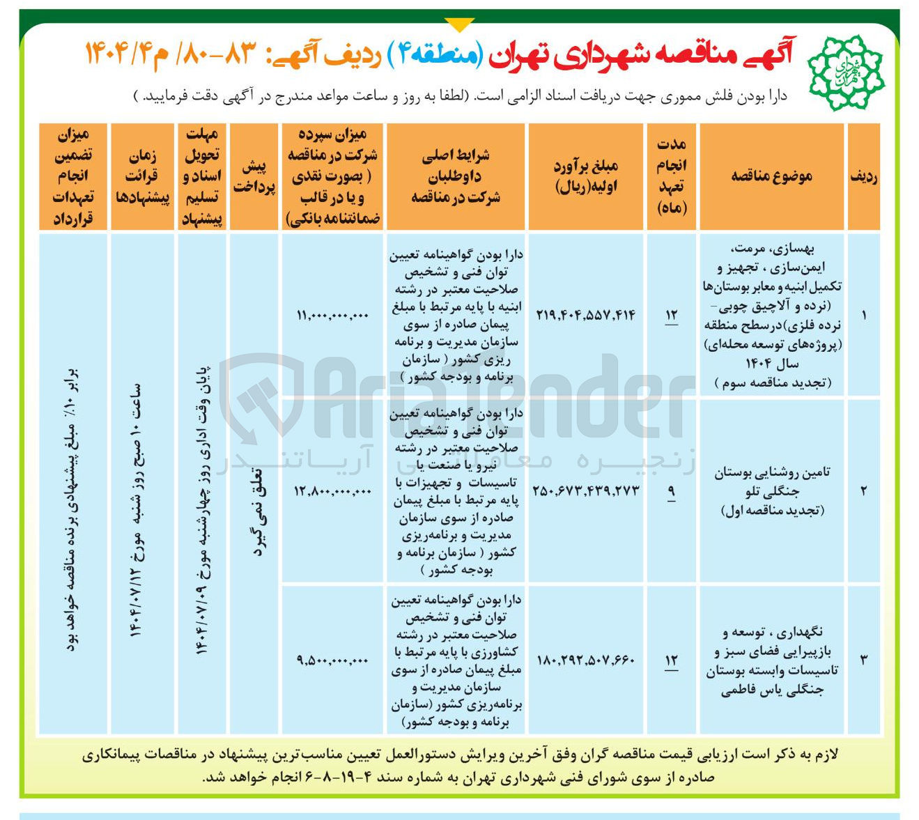 تصویر کوچک آگهی نگهداری ، توسعه و بازپیرایی فضای سبز و تاسیسات وابسته