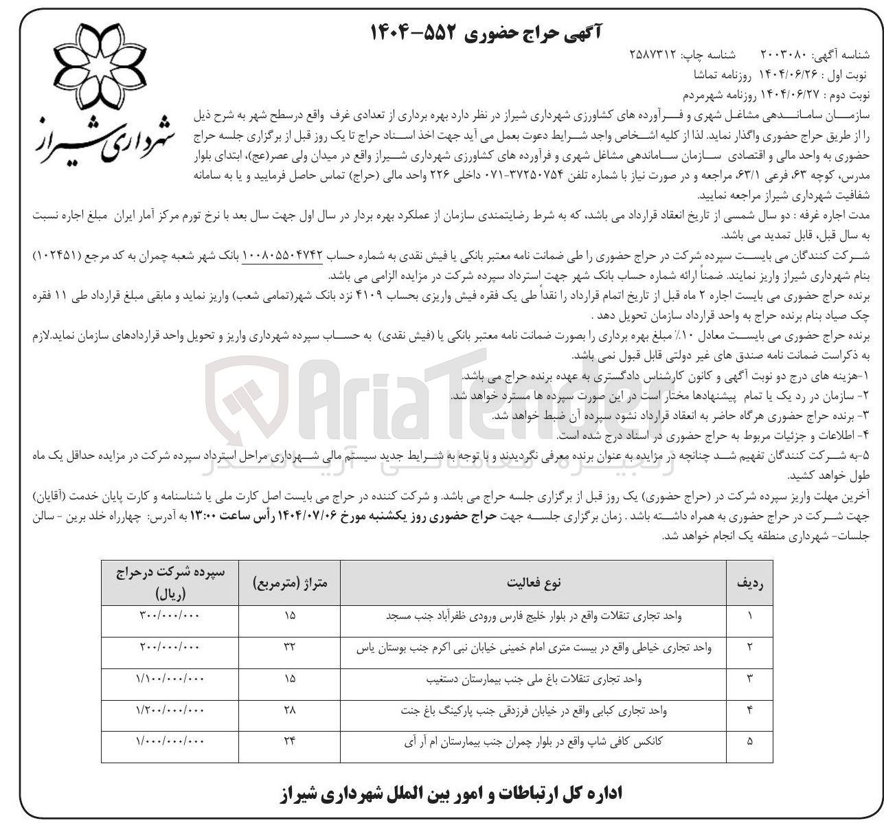 تصویر کوچک آگهی بهره برداری از تعدادی غرف در 5 ردیف