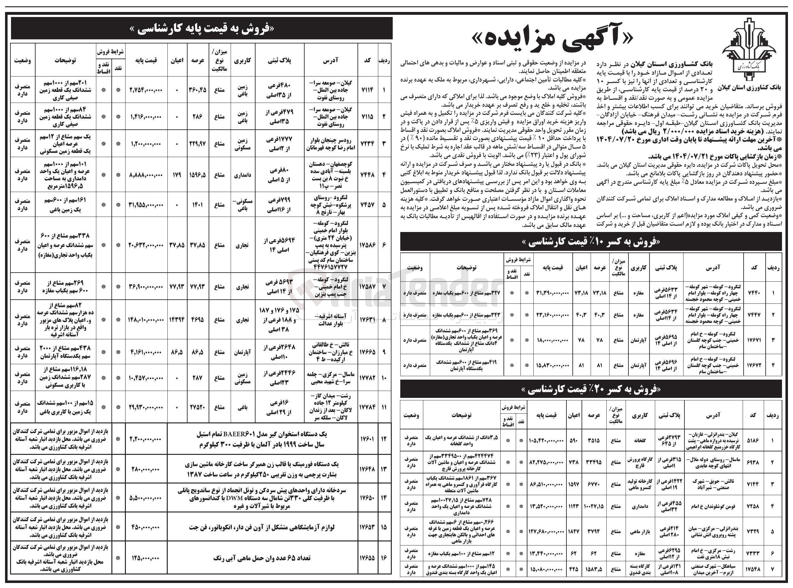 تصویر کوچک آگهی فروش تعدادی از اموال در 27 ردیف با کاربری تجاری - مسکونی - کارگاهی - دامداری - بازار ماهی و...