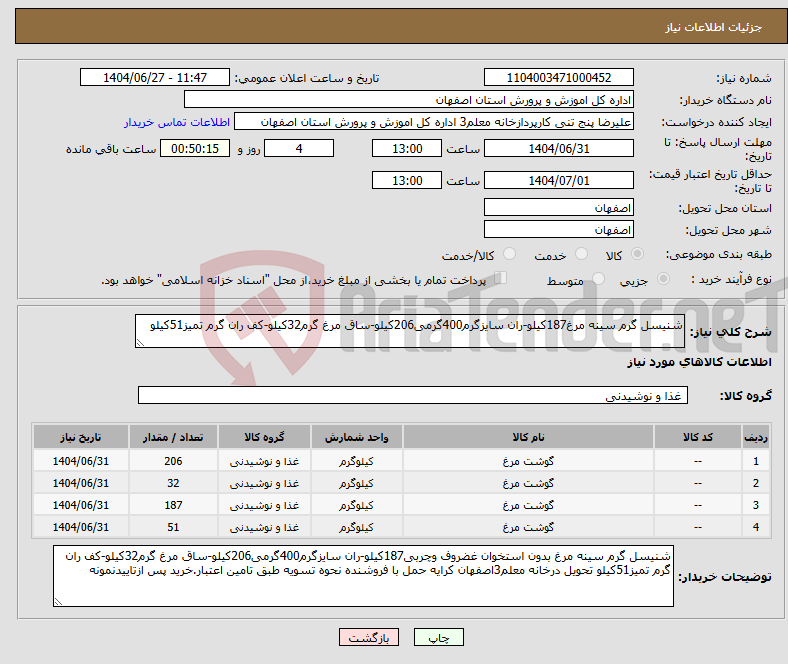 تصویر کوچک آگهی نیاز کالا-شنیسل گرم سینه مرغ187کیلو-ران سایزگرم400گرمی206کیلو-ساق مرغ گرم32کیلو-کف ران گرم تمیز51کیلو