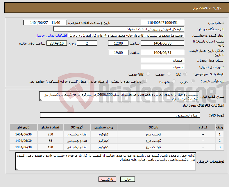 تصویر کوچک آگهی نیاز کالا-شنیسل و فیله ران بدون چربی و غضروف و ضایعات.ران سایز350تا400گرمی.بارگرم درجه 1شمالی کشتار روز قیمت گذاری شود.