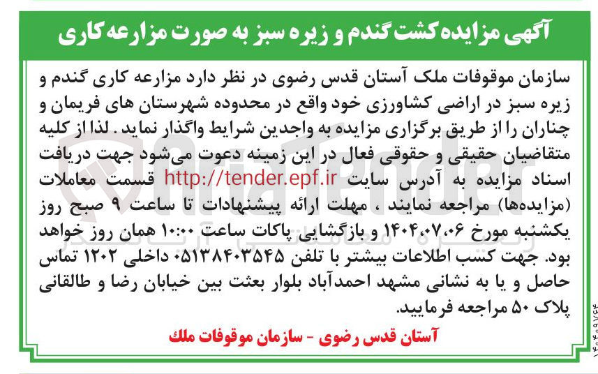 تصویر کوچک آگهی د مزارعه کاری گندم و زیره سبز