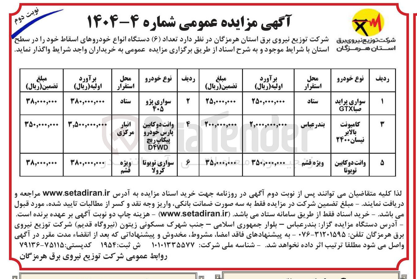 تصویر کوچک آگهی  تعداد ( ۶ ) دستگاه انواع خودروهای اسقاط 