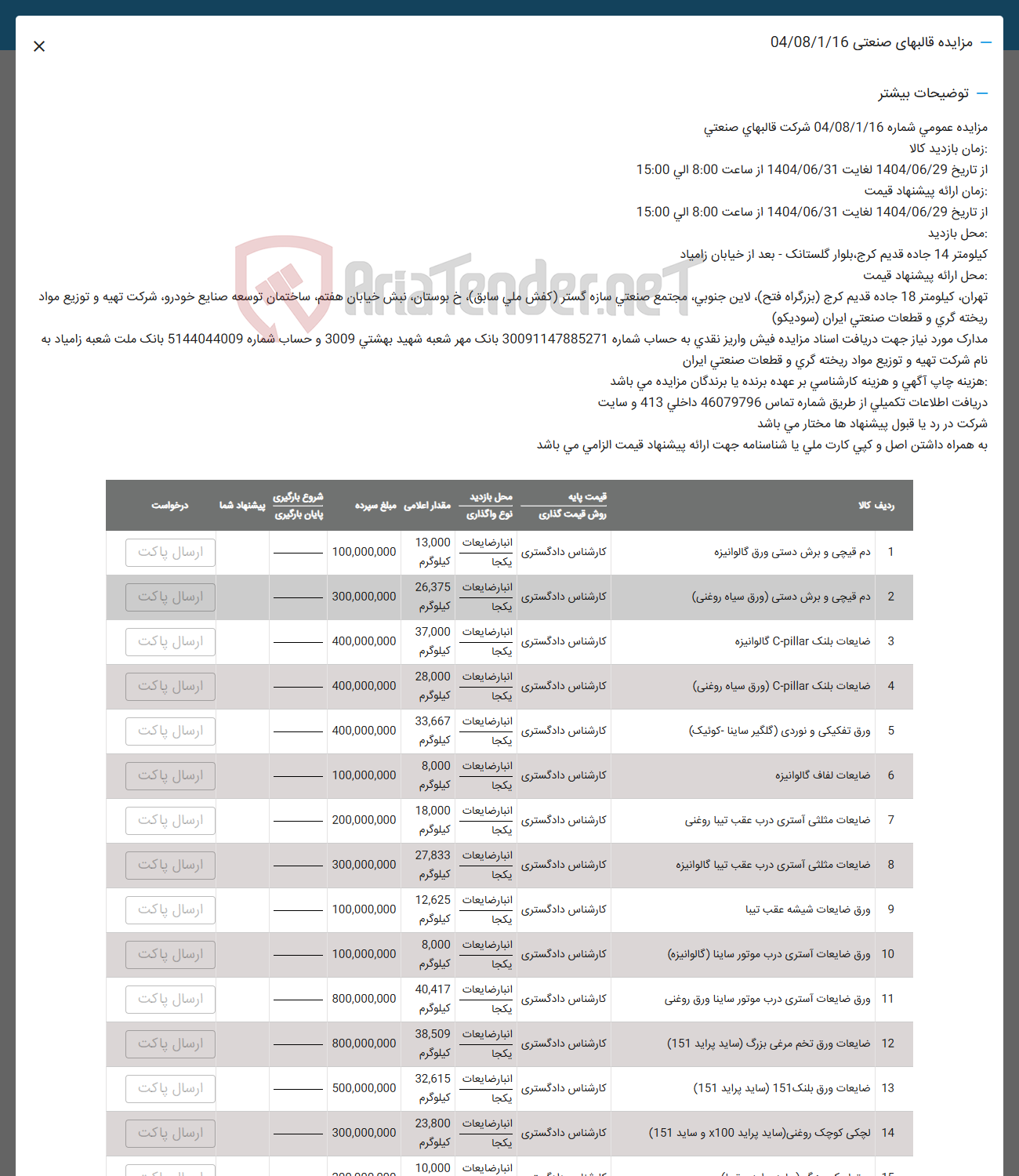 تصویر کوچک آگهی مزایده قالبهای صنعتی 04/08/1/16 
توضیحات بیشتر 
مزایده عمومی شماره 04/08/1/16 شرکت قالبهای صنعتی 
زمان بازدید کالا 
از تاریخ 1404/06/29 لغایت 1404/06/31 از ساعت 8:00 الي 15:00 
زمان ارائه پیشنهاد قیمت 
از تاریخ 1404/06/29 لغایت 1404/06/31 از ساعت 8:00 الی 15:00 
X 
محل بازدید 
کیلومتر 14 جاده قدیم کرج بلوار گلستانک - بعد از خیابان زامیاد 
محل ارائه پیشنهاد قیمت 
Tender.net تهران ، کیلومتر 18 جاده قدیم کرج به من می باره استر های ملی ماروی رسانه می دانی ها بزرگراه فتح ) لاین . 
ریخته گری و قطعات صنعتی ایران ( سودیکو ) 
لی سابق ) ، خ بوستان نبش خیابان هفتم ساختمان توسعه صنایع خودرو شرکت تهیه و توزیع مواد 
مدارک مورد نیاز جهت دریافت اسناد مزایده فیش واریز نقدی به حساب شماره 30091147885271 بانک مهر شعبه شهید بهشتی 3009 و حساب شماره 5144044009 بانک ملت شعبه زامیاد به 
نام شرکت تهیه و توزیع مواد ریخته گری و قطعات صنعتی ایران 
هزینه چاپ آگهی و هزینه کارشناسی بر عهده برنده یا برندگان مزایده می باشد . 
دریافت اطلاعات تکمیلی از طریق شماره تماس 46079796 داخلي 413 و سايت 
شرکت در رد یا قبول پیشنهادها مختار می باشد . 
به همراه داشتن اصل و کپی کارت ملی یا شناسنامه جهت ارائه پیشنهاد قیمت الزامی می باشد . 
قیمت پایه 
ردیف کالا 
محل بازدید نوع واگذاری 
روش قیمت گذاری 
مقدار اعلامی مبلغ سپرده 
شروع بارگیری پایان بارگیری 
پیشنهاد شما 
درخواست 
1 دم قیچی و برش دستی ورق گالوانیزه 
کارشناس دادگستری 
انبار ضایعات یکجا 
13,000 
کیلوگرم 
انبار ضایعات 
26,375 
2 دم قیچی و برش دستی ( ورق سیاه روغنی ) 
کارشناس دادگستری 
یکجا 
کیلوگرم 
انبار ضایعات 
37,000 
3 ضایعات بلنک pillar - C گالوانیزه 
کارشناس دادگستری 
ارسال پاکت 
ارسال پاکت 
ارسال پاکت 
یکجا 
کیلوگرم 
انبار ضایعات 
28,000 
ضایعات تلنگ pillar - C ( ورق سیاه روغنی ) 
کارشناس دادگستری 
یکجا 
کیلوگرم 
ارسال پاکت 
5 ورق تفکیکی و نوردی گلگیر ساینا - ) کولیک 
کارشناس دادگستری 
انبار ضایعات 
33,667 
یکجا 
کیلوگرم 
انبار ضایعات 
8,000 
6 ضایعات لفاف گالوانیزه 
کارشناس دادگستری 
نکجا 
کیلوگرم 
انبار ضایعات 
18,000 
7 ضایعات مثلثی استری درب عقب تیبا روغنی 
کارشناس دادگستری 
یکجا 
کیلوگرم 
ضایعات مثلثی استری درب عقب تیبا گالوانیزه 
کارشناس دادگستری یکجا 
انبار ضایعات 
27,833 
کیلوگرم 
انبار ضایعات 
12,625 
و ورق ضایعات شیشه عقب تیبا 
کارشناس دادگستری 
یکجا 
کیلوگرم 
انبار ضایعات 
8,000 
10 ورق ضایعات استری درب موتور ساینا ( گالوانیزه ) 
کارشناس دادگستری یکجا 
کیلوگرم 
11 ورق ضایعات آستری درب موتور ساینا ورق روغنی 
کارشناس دادگستری 
یکجا 
انبار ضایعات 
40,417 
کیلوگرم 
12 ضایعات ورق تخم مرغی بزرگ ( ساید پراید ( 151 ) 
کارشناس دادگستری 
انبار ضایعات 
38,509 
یکجا 
کیلوگرم 
انبار ضایعات 
32,615 
13 ضایعات ورق بلنک 151 ( سايد پرايد ( 151 ) 
کارشناس دادگستری 
یکجا 
کیلوگرم 
انبار صايعات 
23,800 
14 تچکی کوچک روغنی ساید ) پراید ( x100 و ساید ( 151 ) 
کارشناس دادگستری 
ارسال پاکت 
ار سال پاکت 
ارسال پاکت 
ارسال پاکت 
ارسال پاکت 
ارسال پاکت 
ارسال پاکت 
ارسال پاکت 
ارسال پاکت 
ارسال پاکت 
یکجا 
کیلوگرم 
انبار ضایعات 
10,000