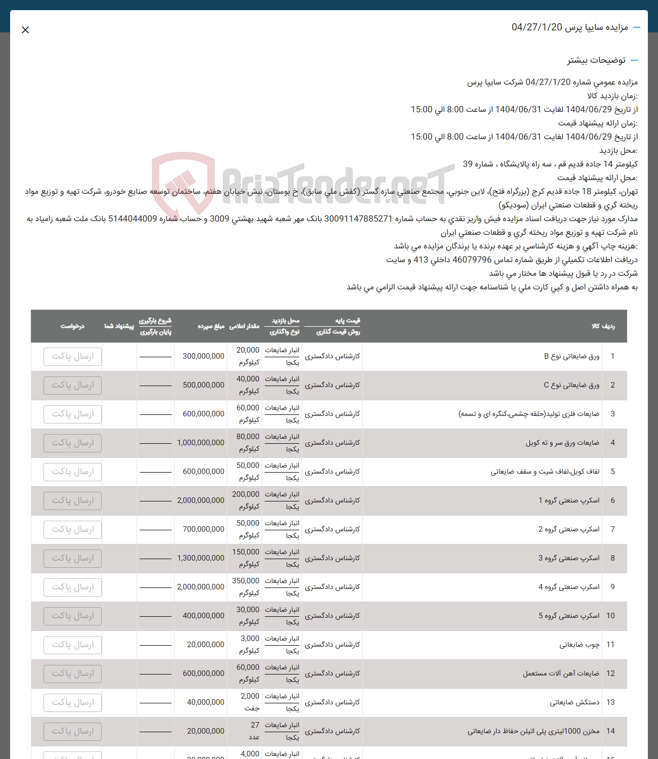 تصویر کوچک آگهی مزایده سایپا پرس 04/27/1/20 
توضیحات بیشتر 
مزایده عمومی شماره 04/27/1/20 شرکت سایپا پرس 
زمان بازدید کالا 
X 
محل بازدید 
از تاریخ 1404/06/29 لغایت 1404/06/31 از ساعت 8:00 الى 15:00 
زمان ارائه پیشنهاد قیمت 
از تاریخ 1404/06/29 لغایت 1404/06/31 از ساعت 8:00 الى 15:00 
AriaTender.net لاین جنوبی 
کیلومتر 14 جاده قدیم قم ، سه راه پالایشگاه ، شماره 39 
محل ارائه پیشنهاد قیمت 
تهران ، کیلومتر 18 جاده قدیم کرج بزرگراه فتح ) ، لی سابق ) ، ج ، بوستان نبش خیابان هفتم ساختمان توسعه صنایع خودرو شرکت تهیه و توزیع مواد 
ریخته گری و قطعات صنعتی ایران ( سودیکو ) 
مدارک مورد نیاز جهت دریافت اسناد مزایده فیش واریز نقدی به حساب شماره 30091147885271 بانک مهر شعبه شهید بهشتی 3009 و حساب شماره 5144044009 بانک ملت شعبه زامیاد به 
نام شرکت تهیه و توزیع مواد ریخته گری و قطعات صنعتی ایران 
هزینه چاپ آگهی و هزینه کارشناسی بر عهده برنده یا برندگان مزایده می باشد . 
دریافت اطلاعات تکمیلی از طریق شماره تماس 46079796 داخلي 413 و سايت 
شرکت در رد یا قبول پیشنهادها مختار می . باشد 
به همراه داشتن اصل و کپی کارت ملی یا شناسنامه جهت ارائه پیشنهاد قیمت الزامی می باشد . 
قیمت پایه روش قیمت گذاری 
محل بازدید نوع واگذاری 
شروع بارگیری پایان بارگیری 
1 
ردیف کالا 
ورق ضایعاتی نوع B 
مقدار اعلامی مبلغ سپرده 
پیشنهاد شما 
درخواست 
انبار ضایعات : 20,000 
کارشناس دادگستری یکجا 
کیلوگرم 
انبار ضایعات 40,000 
2 ورق ضایعاتی نوع C 
3 ضایعات فلزی تولید حلقه چشمی کنگره ای و تسمه 
کارشناس دادگستری 
یکجا 
کیلوگرم 
انبار ضایعات 60,000 
کارشناس دادگستری 
یکجا 
کیلوگرم 
انبار ضایعات 80,000 
4 ضایعات ورق سر و ته کویل 
کارشناس دادگستری 
یکجا 
کیلوگرم 
انبار ضایعات 
50,000 
لفاف کویل القاف شیت و سقف ضایعاتی 
کارشناس دادگستری 
یکجا 
کیلوگرم 
انبار ضایعات یکجا 
200,000 
6 اسکرپ صنعتی گروه 1 
7 اسکرپ صنعتی گروه 2 
کارشناس دادگستری 
کیلوگرم 
کارشناس دادگستری 
انبار ضایعات 
50,000 
یکجا 
کیلوگرم 
انبار ضایعات 150,000 
اسکرپ صنعتی گروه 3 
کارشناس دادگستری 
یکجا 
کیلوگرم 
انبار ضایعات : 350,000 
و اسکرپ صنعتی گروه 4 
کارشناس دادگستری 
ارسال پاکت 
ارسال پاکت 
ارسال پاکت 
ارسال پاکت 
ارسال پاکت 
ارسال پاکت 
ارسال پاکت 
ارسال پاکت 
ارسال پاکت 
یکجا 
کیلوگرم 
انبار ضایعات 
30,000 
10 اسکرپ صنعتی گروه 5 
11 چوب ضایعاتی 
12 ضایعات آهن آلات مستعمل 
13 دستکش ضایعاتی 
14 مخزن 1000 لیتری پلی اتیلن حفاظ دار ضایعاتی 
کارشناس دادگستری 
یکجا 
کیلوگرم 
ارسال پاکت 
اخبار ضایعات 
3,000 
کارشناس دادگستری 
ارسال پاکت 
یکجا 
کیلوگرم 
انبار ضایعات 60,000 
کارشناس دادگستری 
یکجا 
کیلوگرم 
انبار ضایعات 2,000 
کارشناس دادگستری 
یکجا 
جفت 
انبار ضایعات 27 
کارشناس دادگستری 
ارسال تاکت 
ارسال پاکت 
ارسال پاکت 
یکجا 
انبار ضایعات 4,000