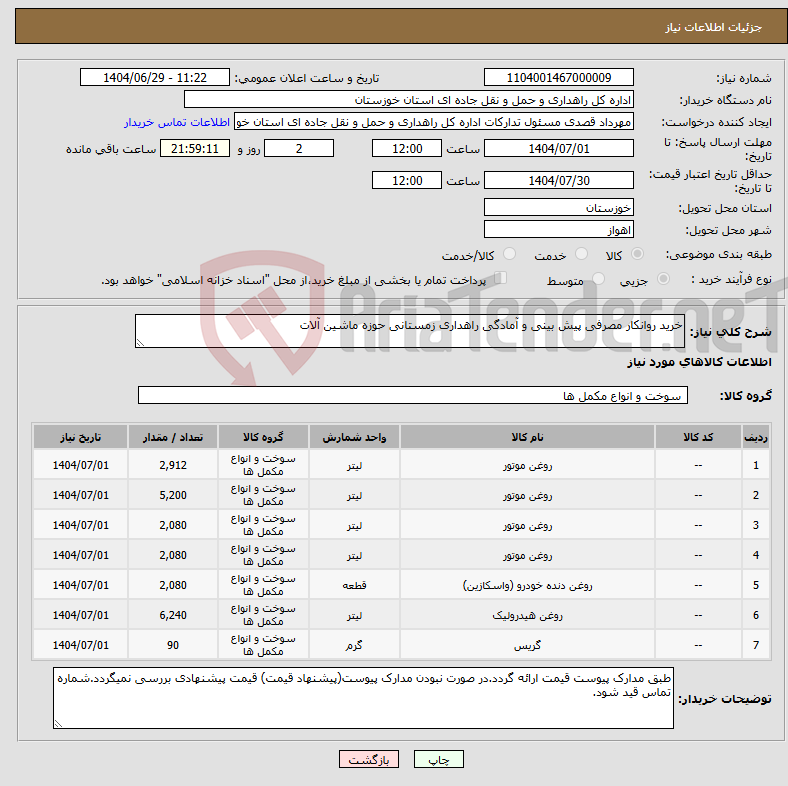 تصویر کوچک آگهی نیاز کالا-خرید روانکار مصرفی پیش بینی و آمادگی راهداری زمستانی حوزه ماشین آلات