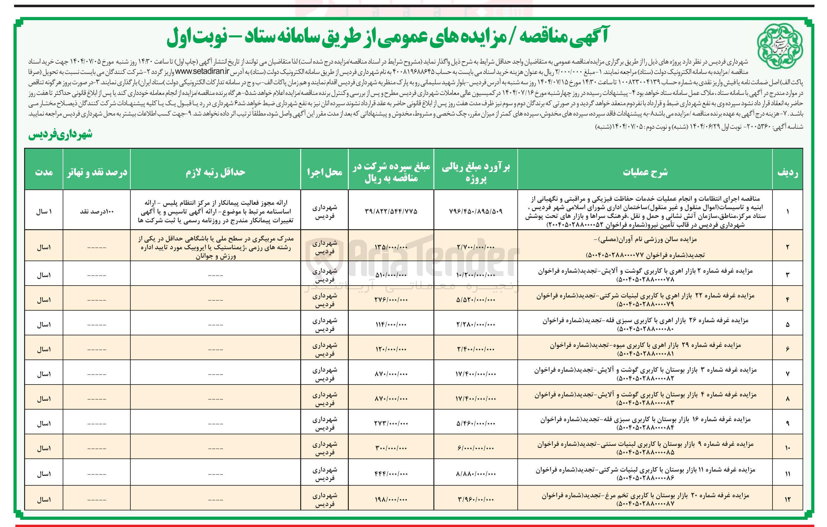 تصویر کوچک آگهی اجرای انتظامات و انجام عملیات خدمات حفاظت فیزیکی و مراقبتی و نگهبانی از ابنیه و تاسیسات اموال منقول و غیر منقول ساختمان اداری شورای اسلامی