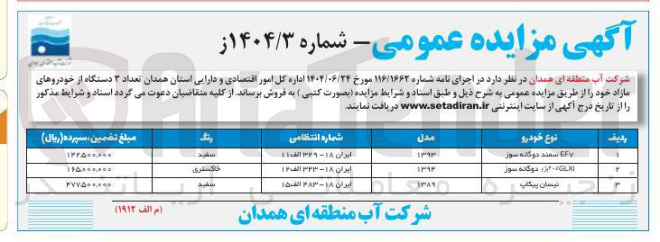 تصویر کوچک آگهی فروش تعداد ۳ دستگاه از خودروهای مازاد