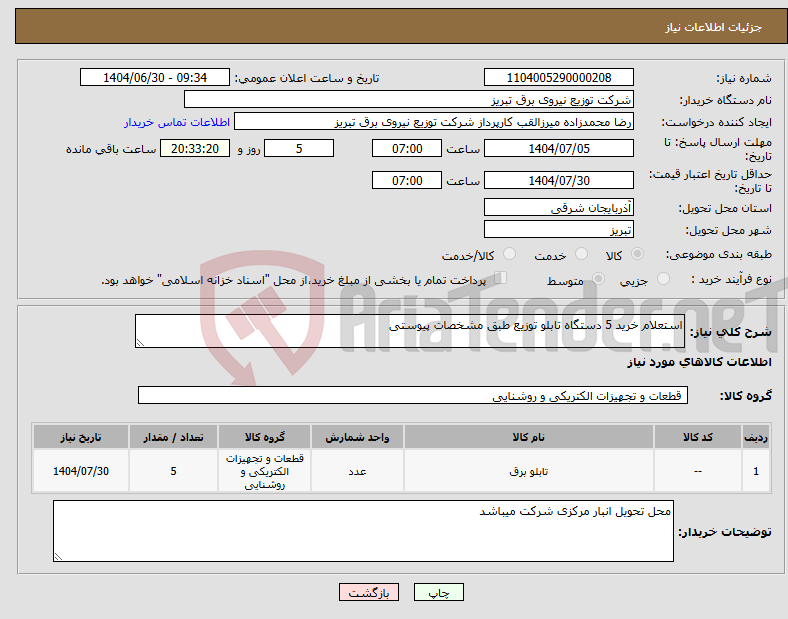 تصویر کوچک آگهی نیاز کالا-استعلام خرید 5 دستگاه تابلو توزیع طبق مشخصات پیوستی