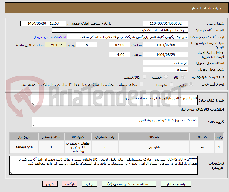 تصویر کوچک آگهی تابلوی زیر ترانس بارانی طبق مشخصات فنی پیوست