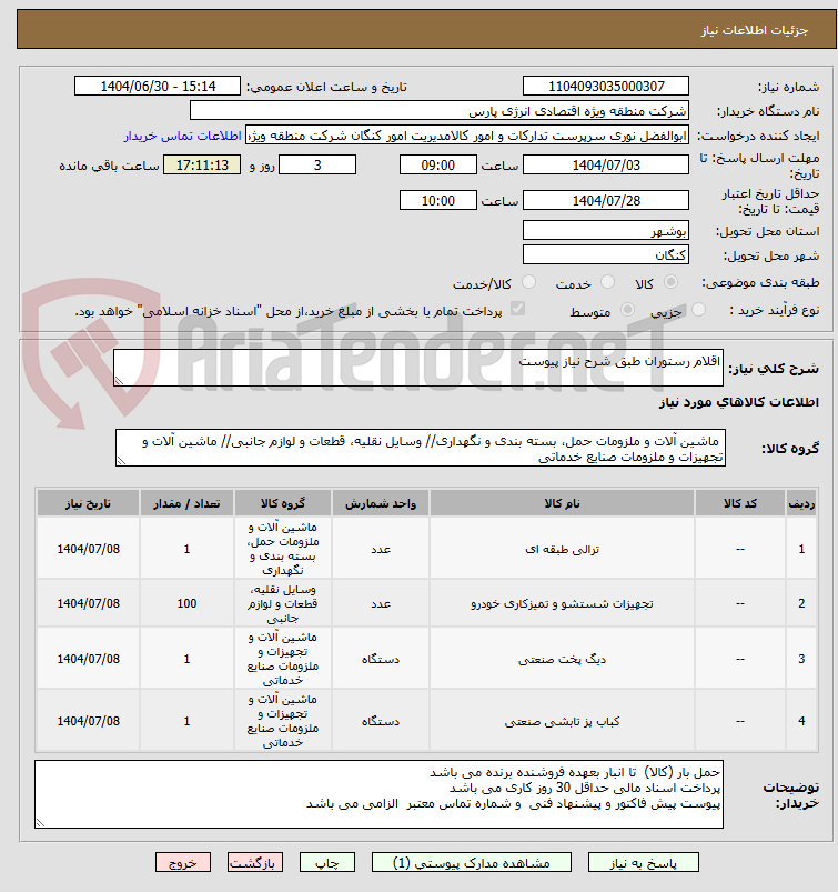 تصویر کوچک آگهی اقلام رستوران طبق شرح نیاز پیوست