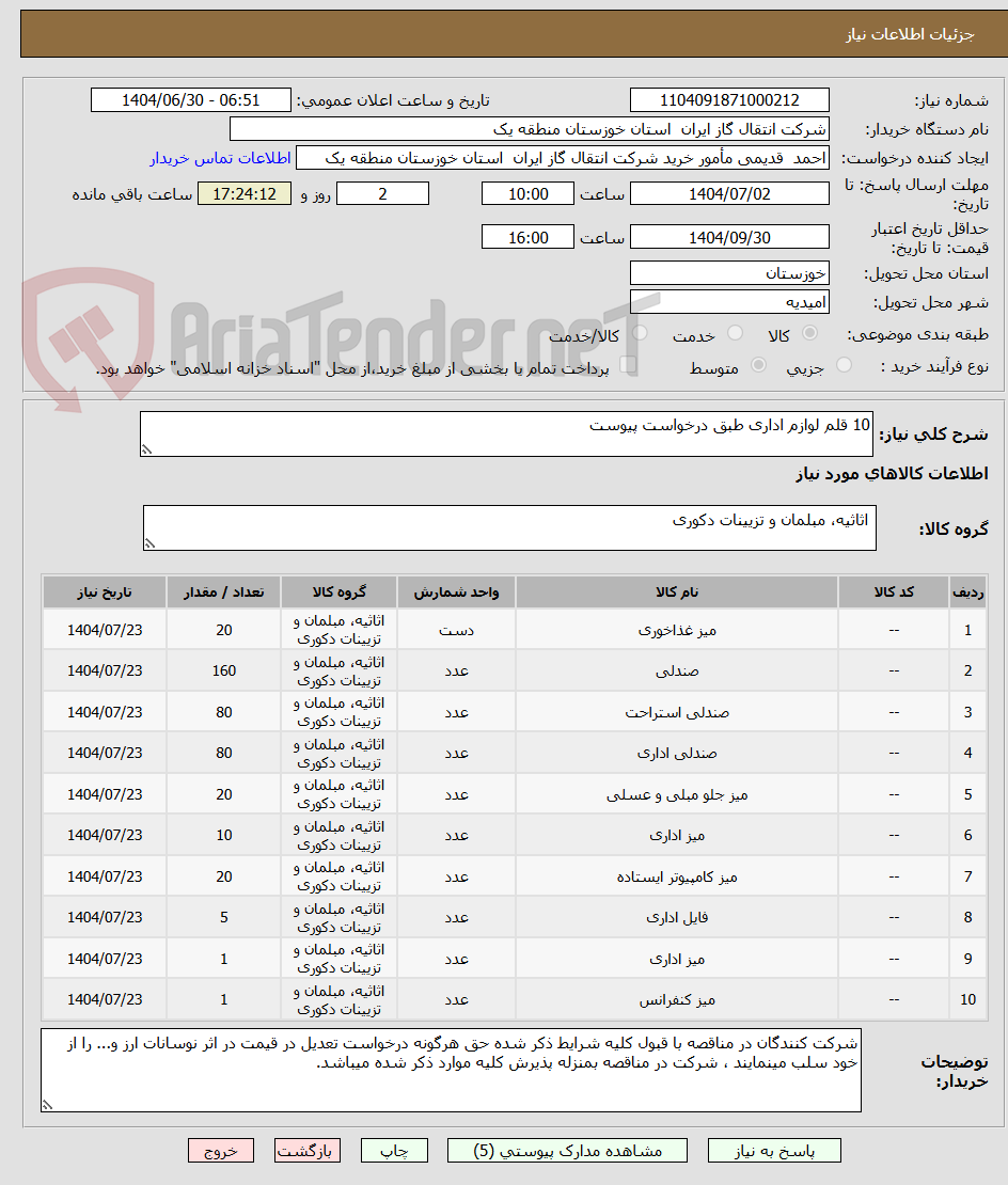 تصویر کوچک آگهی 10 قلم لوازم اداری طبق درخواست پیوست