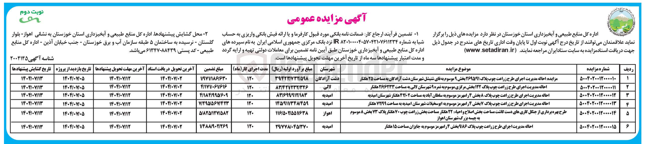 تصویر کوچک آگهی طرح بهره برداری از جنگل کاری های دست کاشت مساحت بخش اصلاح و احیاء ۲۲ هکتار مساحت بخش زراعت چوب ۷۰ هکتار پلاک ۷۳ 