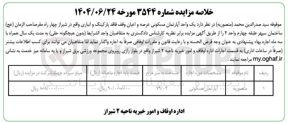تصویر کوچک آگهی اجاره یک واحد آپارتمان مسکونی عرصه و اعیان وقف فاقد پارکینگ و انباری